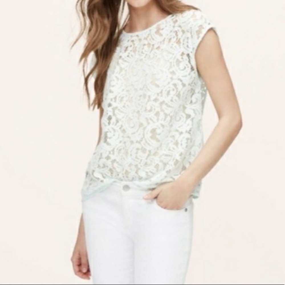 LOFT Mint Green Lace shell, cap sleeve top Size XS Petite